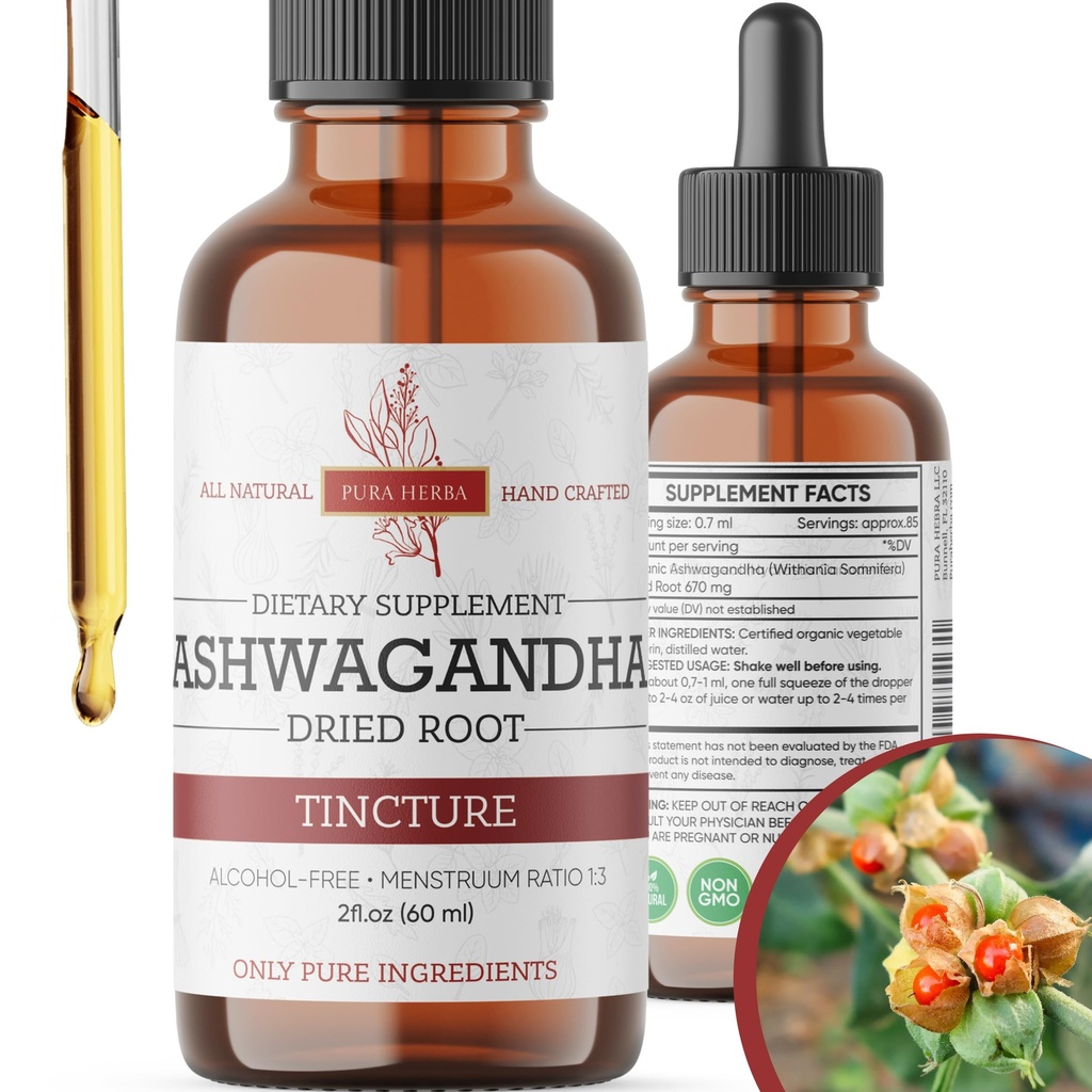 Orgânico Ashwagandha líquido gotas, Ashwagandha raiz tintura, Ashwagandha extrato Herb suplementos - 2 Fl Oz