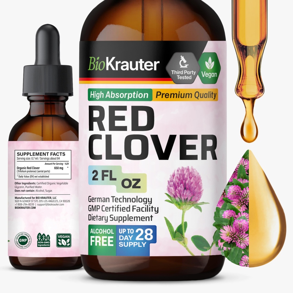 BIO KRAUTER Red Clover Tintura - Extrato vermelho Clover - Suplemento líquido para o apoio das mulheres - Álcool e açúcar grátis - Vegan Drops 2 Fl.Oz.