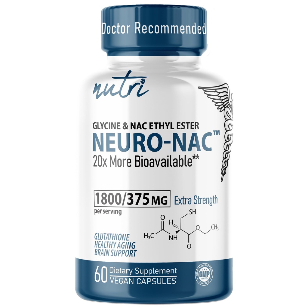 Nutri Neuro NAC Suplemento 375mg Força extra com 1800mg Glycine - N-Acetil Cysteine Ethyl Ester - 20x Mais Biodisponível - Boost Glutationa 10x Mais - 90 Cápsulas Vegan - 3o partido testado