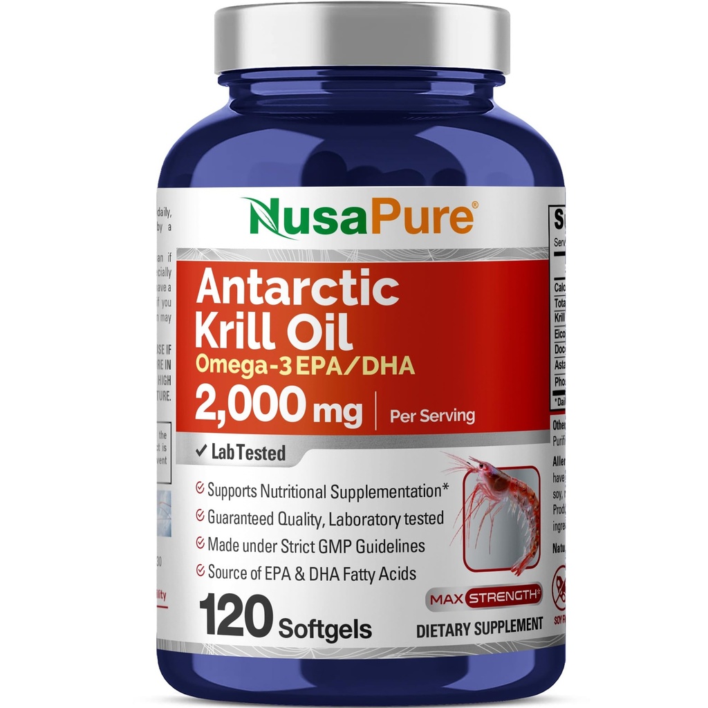 NusaPure Antárctico Krill Oil 2000 mg 120 Softgels, Omega-3 EPA 360mg, DHA 240mg, Soyfree Astaxantina Suplemento Fonte de Krill 800ppm