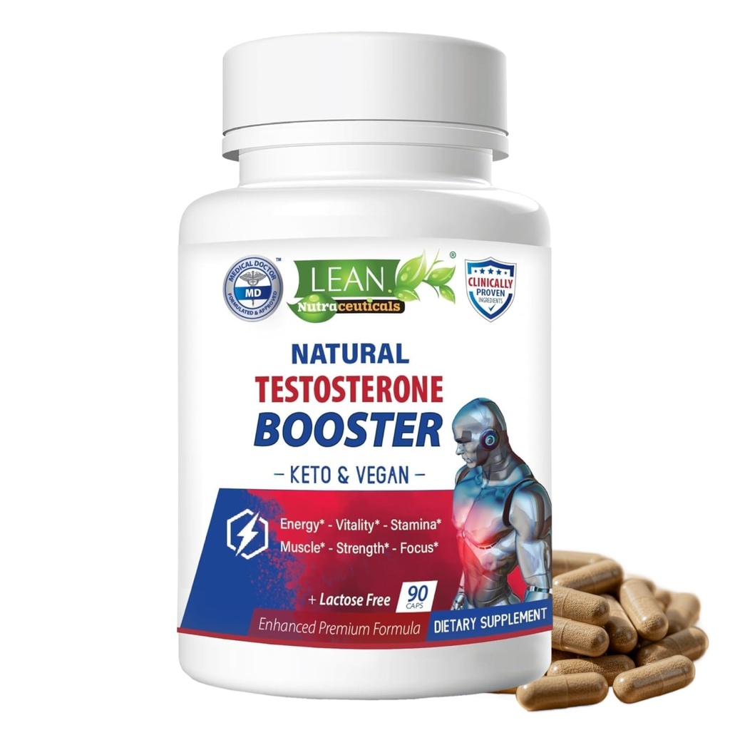 LEAN Nutra Testosterona Booster para homens – Suplemento Vegan Natural com Tongkat Ali, DHEA, Maca Root, Tribulus, Erva Horny Goat, Zinco, Boron, Ácido D-Aspártico – Aumentar a força, Energia, Músculo – 90 Caps