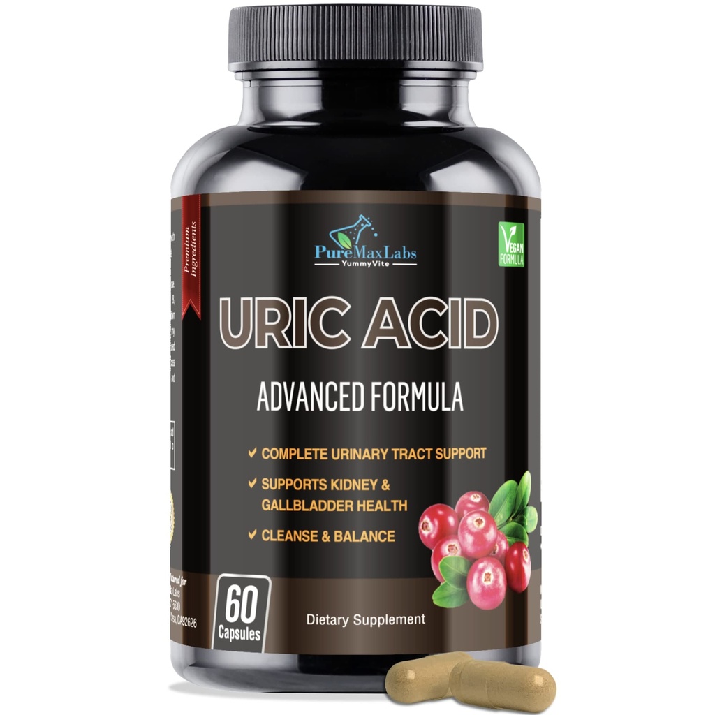 Fórmula avançada de ácido úrico – Rim, Fígado, Vístula biliar, Limpeza de trato urinário com cranberry, Chanca Piedra, Cereja Tart, Cardo de Leite e Bromelaína 60 Cápsulas