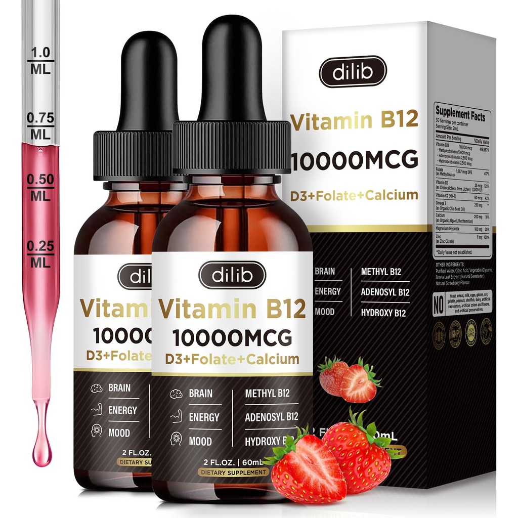 Vitamina B12 Drops líquidos Sublingual 10000 mcg, Triplo B-12 Suplemento Complexo, Metil & Metilcobalamina Mistura para Mulheres e Homens, Mood & Energy Booster, Metabolismo e Apoio à Saúde, 2 Pack