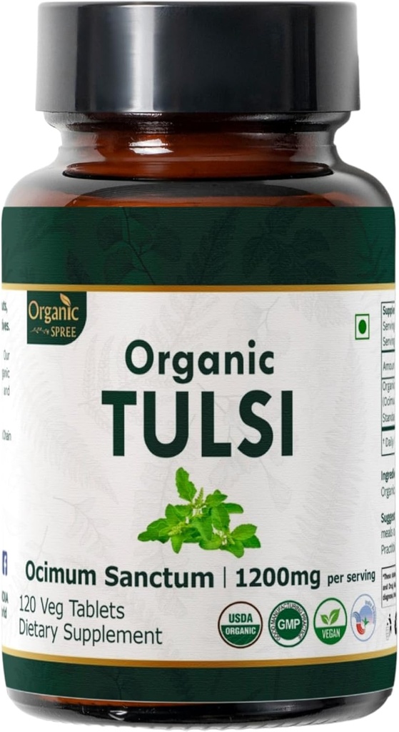 Tulsi 120 Comprimidos – USDA Organic Holy Basil – Suporta alívio de estresse e equilíbrio adaptogênico