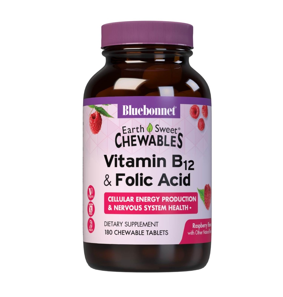 Bluebonnet Nutrição Terra Doce Vitamina B12 1000 mcg & Ácido Fólico 400mcg Saúde e Energia do cérebro* Vitaminas para mulheres e homens - Vegan, Framboesa sem glúten B 12 Vitamina - 180 comprimidos mastigáveis