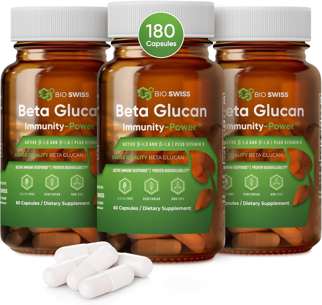 Bio Swiss Beta Glucan Immunity Power - 1,3D-6,6D Glucan com vitamina D - Imune Suplemento de suporte para defesa e bem-estar melhorados - Vegan, Gluten-Free (180 Cápsulas)