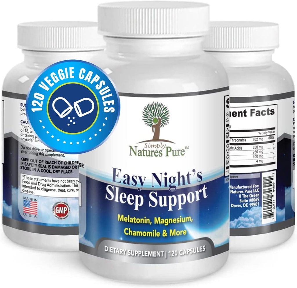 Simplesmente Natureza Pura – Apoio ao Sono da Noite Fácil – Suplemento Natural – Magnésio – Raiz Valeriana – Camomila – Melatonina – Cápsula Vegetal - Não-GMO