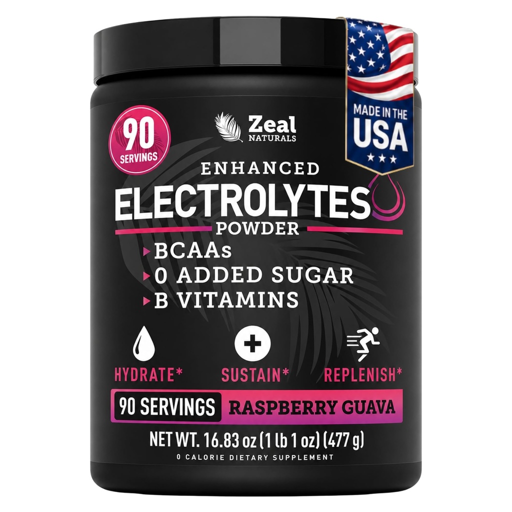 Zeal Naturals Electrolyte Powder Recovery Drink (90 Servings ) w 0 Açúcar + BCAAs + B-Vitamins Eletrolyte Supplement w Potassium Zinc & Magnésio para Hidratação - Keto Electrolytes