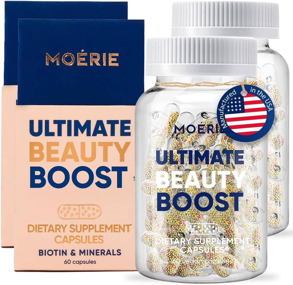 Moerie Suplemento de crescimento de cabelo para mulheres e homens - Pele de cabelo e unhas Vitaminas com biotina, Q10 & Minerals - Para tratamento de cabelo mais grosso, mais completo e perda de cabelo - Sistema de entrega avançada Beadlet - 120 comprimidos