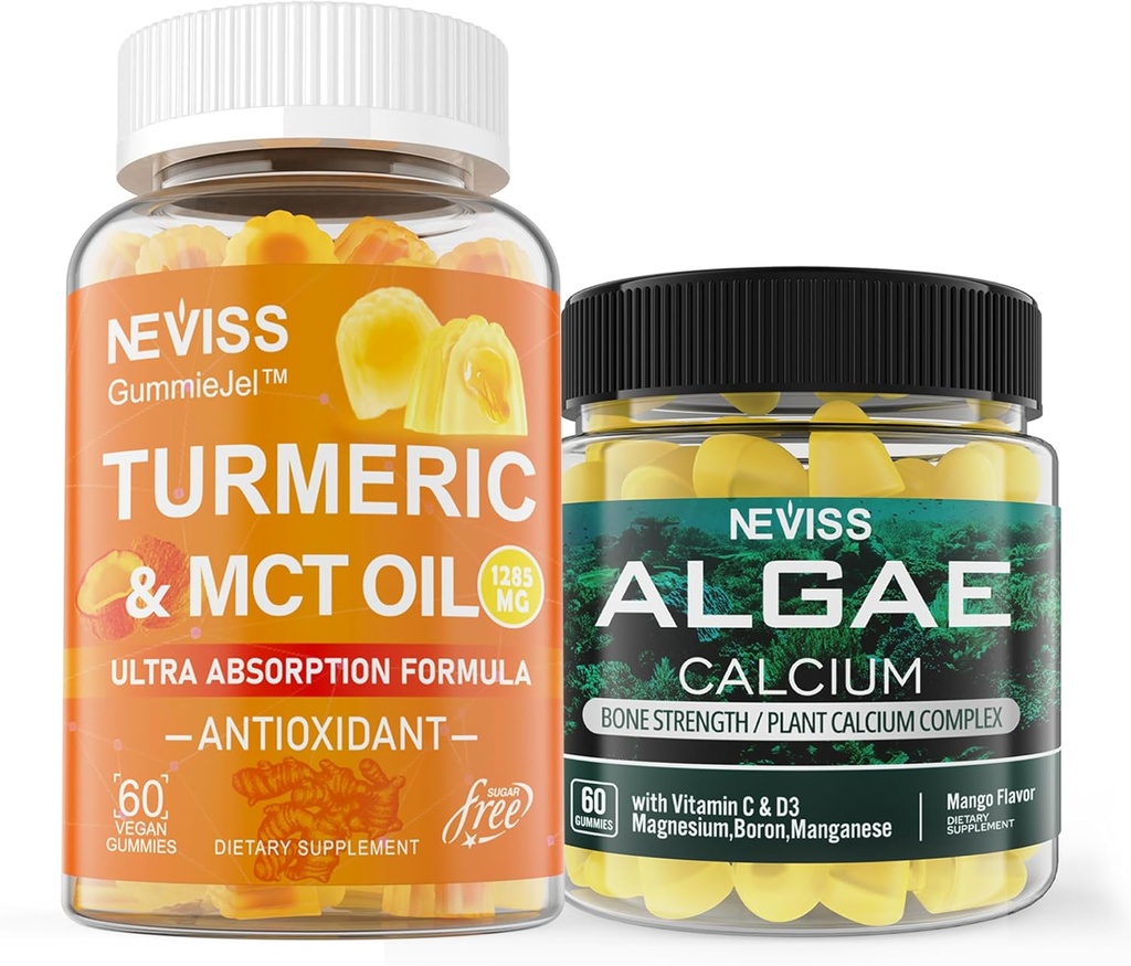 NEVISS Açúcar sem chicletes de curcumina cúrmica + Suplemento de cálcio de algas marinhas 600mg, Alta absorção, Vegan