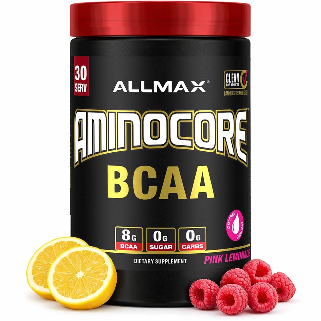 ALLMAX Nutrition AMINOCORE BCAA – 8G BCAAs – 100% Pure Branch Chained Amino Acids – Gluten Free - Limonada rosa - 315 Gram