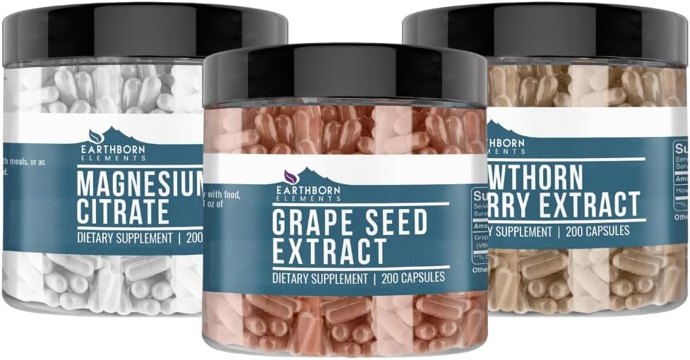Elementos nascidos da Terra Hawthorn Berry, semente de uva, & Magnesium Citrate Bundle (200 caps), Puro e não diluído, Sem aditivos