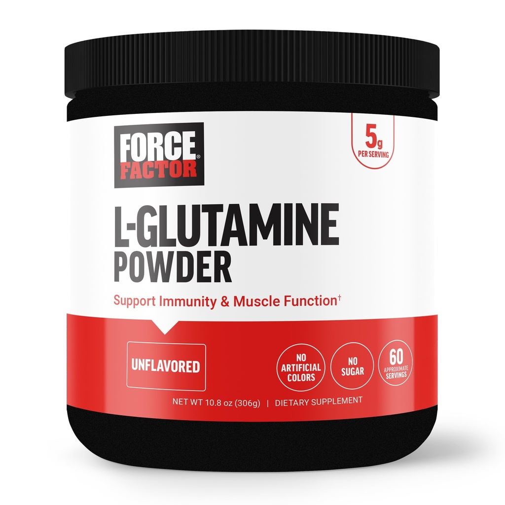 FORCE FACTOR L-Glutamina pó para pós-treino Recuperação, Recuperação muscular, Função muscular saudável, e Imunidade, 5000mg/5g Suplemento de Glutamina, Vegan, Não-GMO, 60 Servings