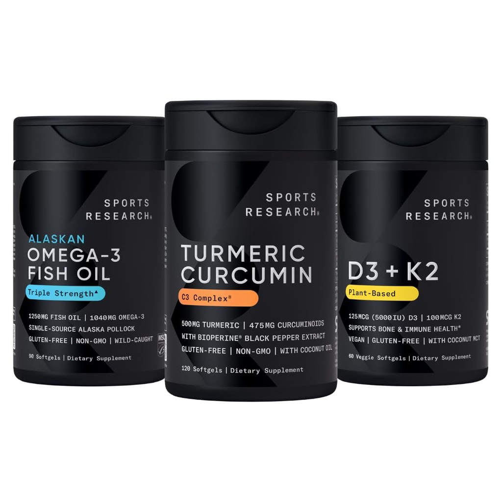 Esportes Pesquisa Wild Alaskan Pollock Omega 3 Fish Oil 90 Softgels (1250 mg), Curcumina C3 Complexo (120 Softgels) e Vegan 5000 UI Vitamina D + 100mcg Mk7 Vitamina K (60 Softgels)