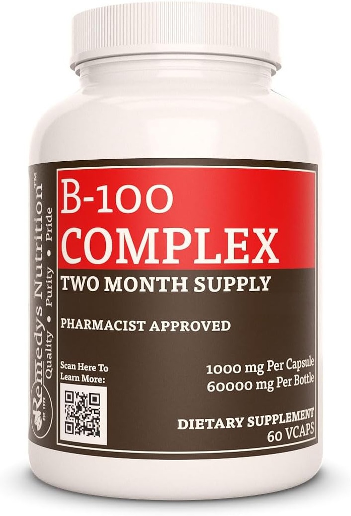 Nutrição de Remedy Vitamina B-100 Complexo □1,000 mg, 60 Cápsulas Vegan Suplemento dietético □ Dois meses de fornecimento