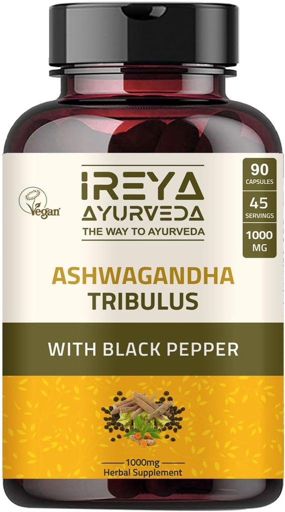 Cápsulas de Ashwagandha Orgânico 1000mg (90 Cápsulas) Feito com Tribulus Terrestris, Shatavari e Black Pepper Ingredients Orgânicos 45 dias de fornecimento