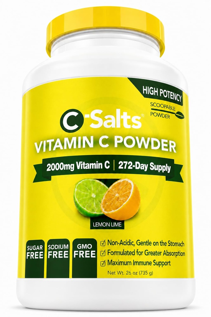 C-Sals Suplemento de vitamina C em pó - 100% Pure alta dose buffered Vitamina C em pó para suporte imunológico - Orgânico, Livre de açúcar, Vegan, Não-GMO, Estômago-amigo, Limão 26oz