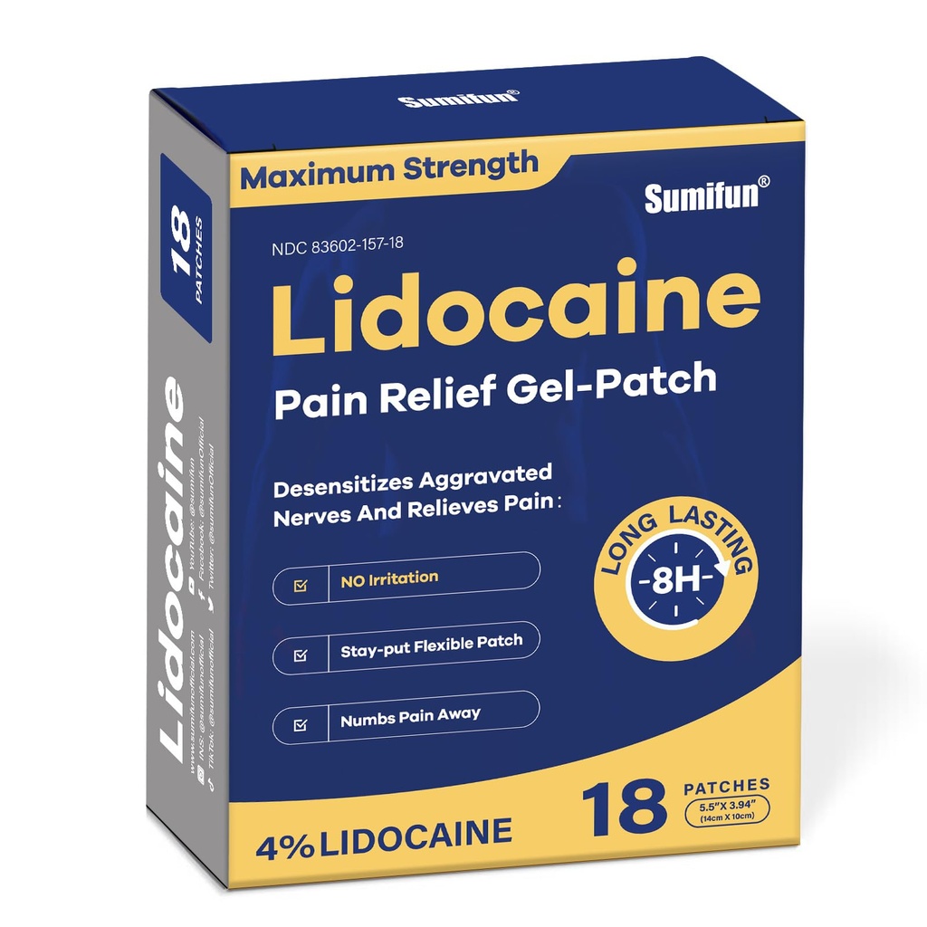 Sumifun 4% Lidocaine Pain Relief Patches - OTC Força Máxima - Flexível & Longo-Lasting, 18-Count Lidocaine Patches para Costas, Pescoço, Músculo, Dor articular - Patch Dor não perfumada