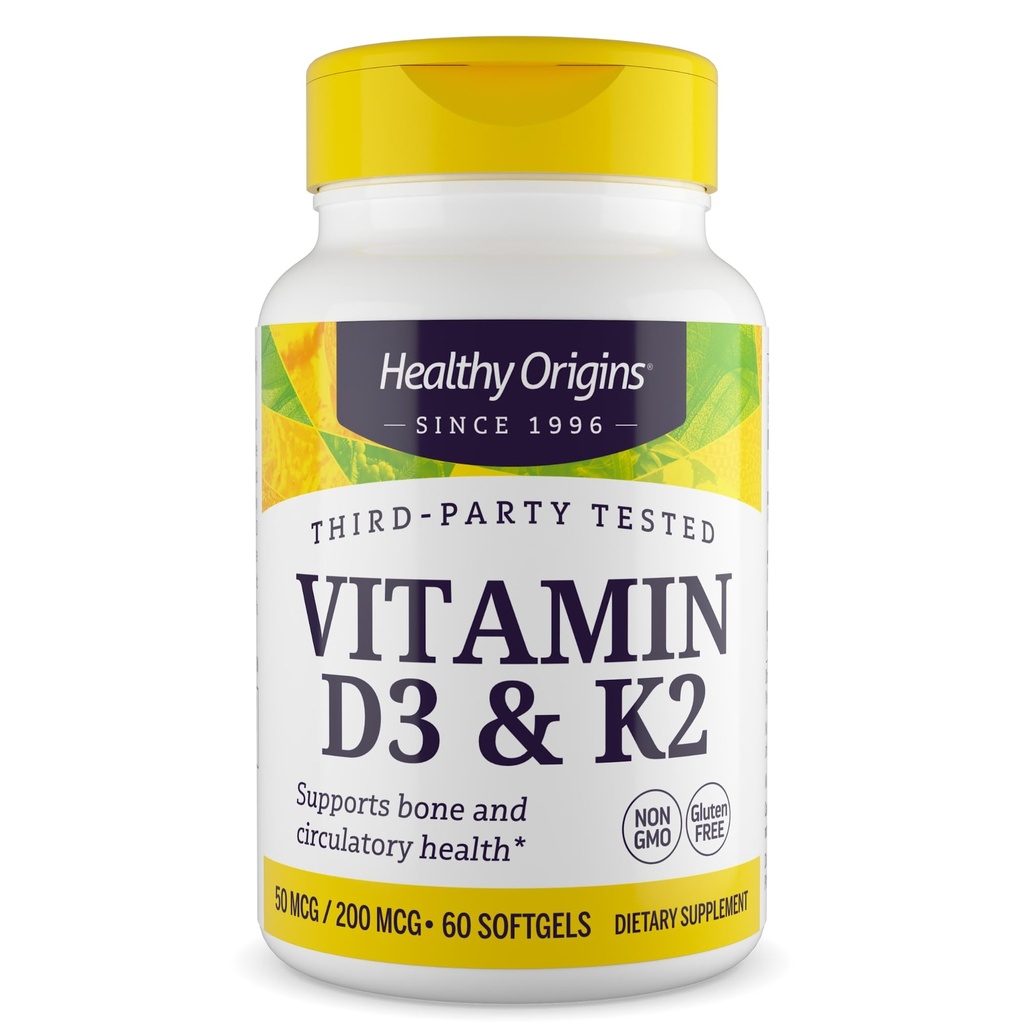 Origem saudável Vitamina D3 & K2 - Vitamina D3, 50 mcg - Vitamina K2, 200 mcg - Suplementos facilmente absorvíveis Vitamina D & Vitamina K - Suplementos não-GMO e sem glúten - 60 Softgels