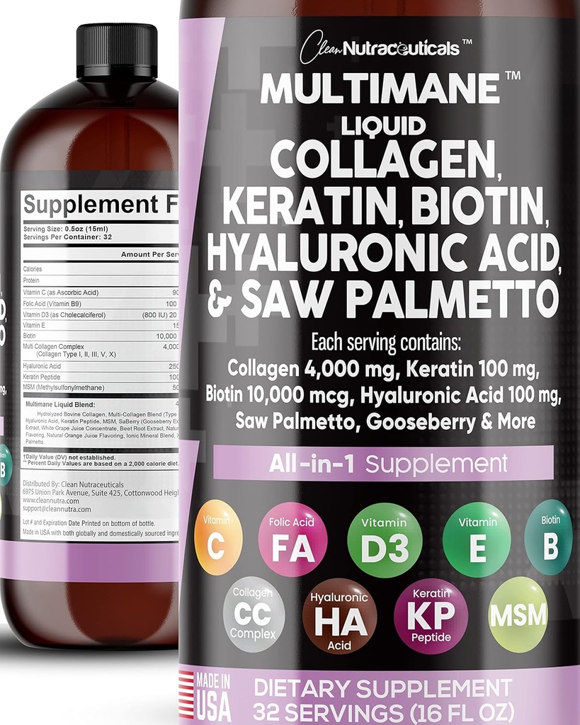 Nutracêuticos limpos Colágeno Líquido 4000mg Biotina 10000mcg Queratina 100mg Serra Palmetto Ácido Hialurônico 100mg - Pele de cabelo & unhas Vitaminas & bloqueador DHT com vitamina D3 HSH 50mg Made in USA - 16 Fl. Oz