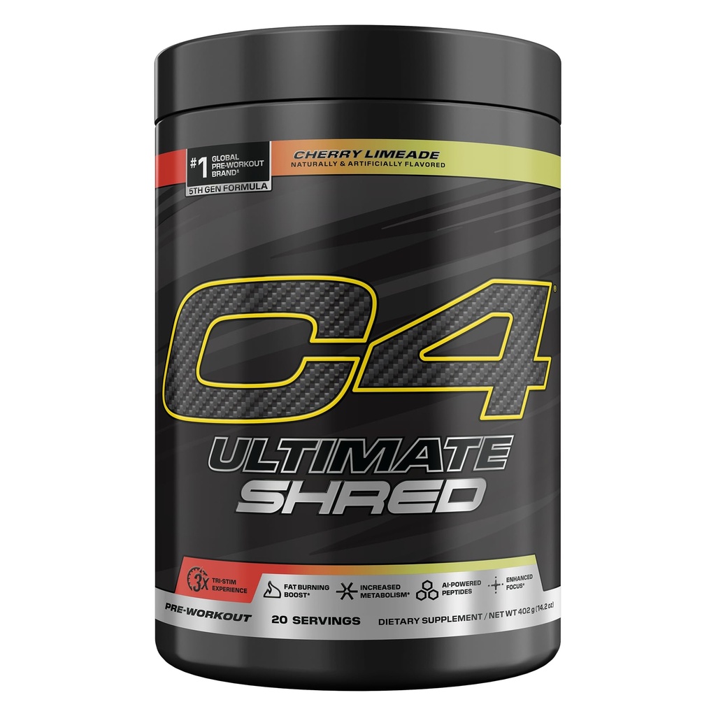 Cellucor C4 Ultimate Shred Pré Treino em pó, suplemento de metabolismo com Cayenne Extract+300mg Cafeína+TeaCrine+Dinamina - Limeade de cereja, 20 Servings