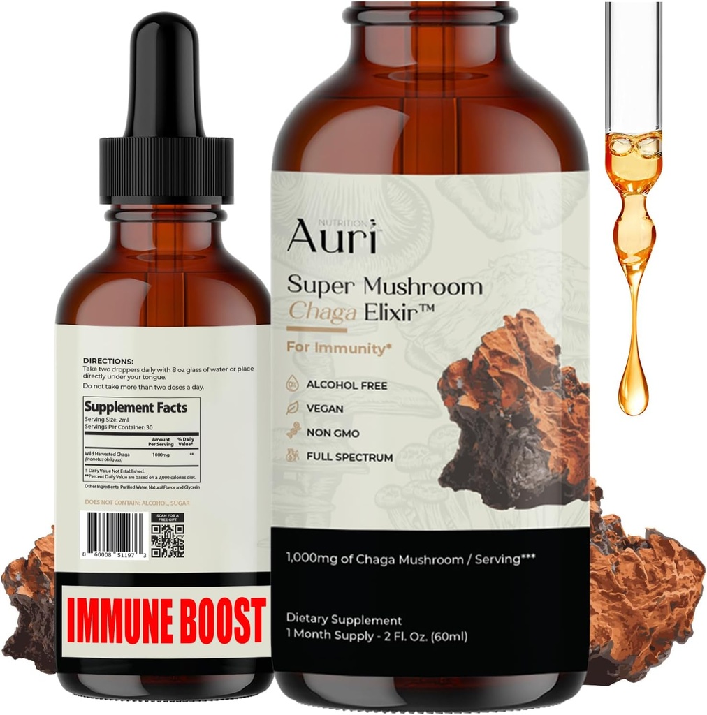Auri Super Chaga Elixir - Cogumelo Superalimento Suplemento Líquido com Espectro Integral Imune Support from Oxidative Stress and Energy Lift - Chaga Tintura 60ml