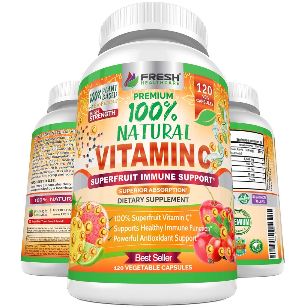 Fresh Healthcare 100% Vitamina C Natural - 500mg de Rose HIPS, Acerola Cherry & Camu Camu - Suporte Imune de Alta Absorção, Pele, Junta e Imunização Imune com Citrus Biflavonoids - 120 Cápsulas