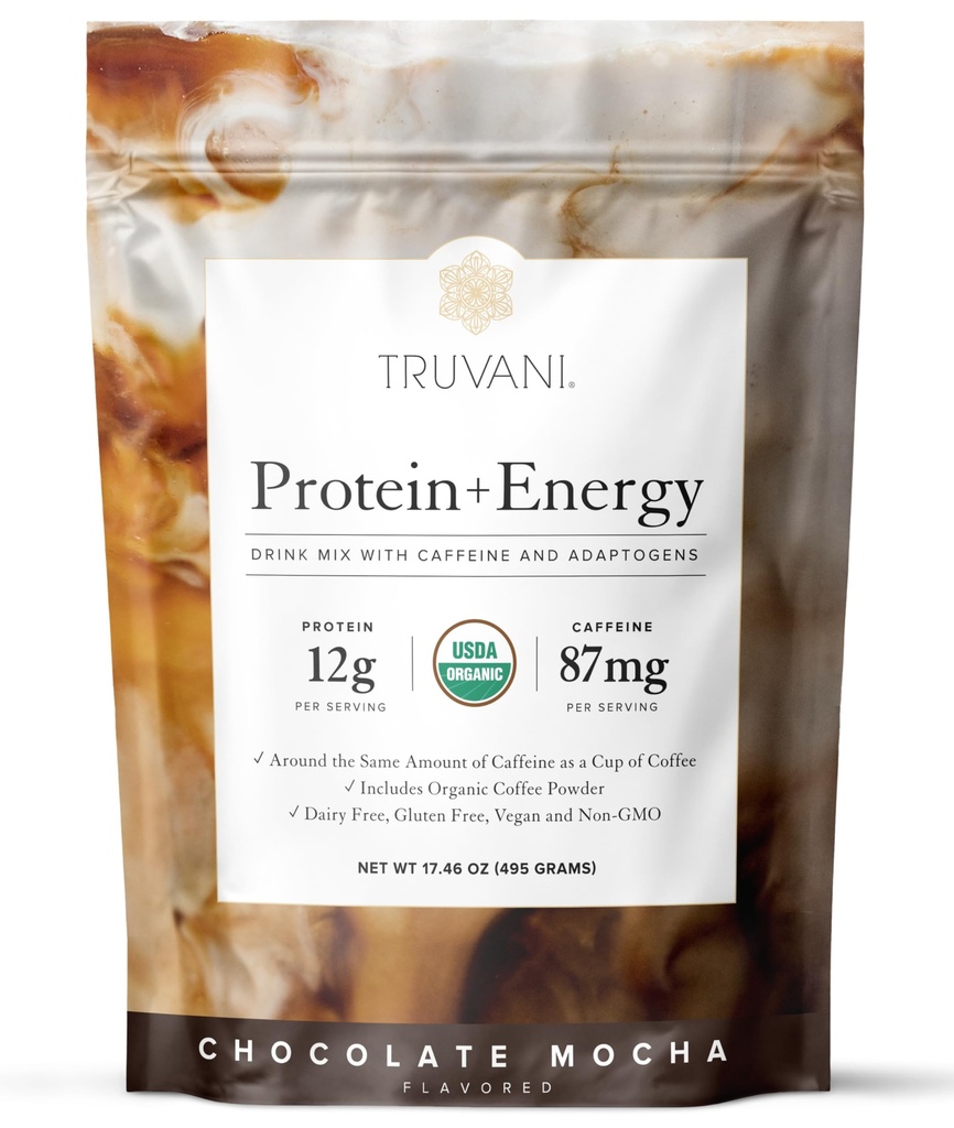 Truvani Protein + Energy Drink Misture com 87mg Cafeína ; Chocolate Mocha ; 12g Orgânica Planta Based Protein ; 20 Servings ; USDA Organic Coffee Powder & Adaptogen ; Gluten & Dairy Free ; Vegan