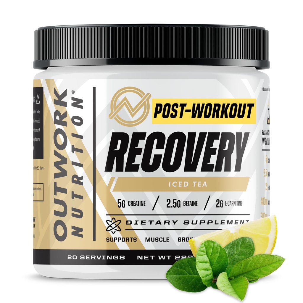 Outwork Nutrition Pós de recuperação de exercícios em pó - Creatina Monohidrato, KSM-66 Ashwagandha & Tart Cherry - Velocidades de recuperação, facilidades de dor - Creatina em pó para homens e mulheres, Chá gelado, 240 Gr