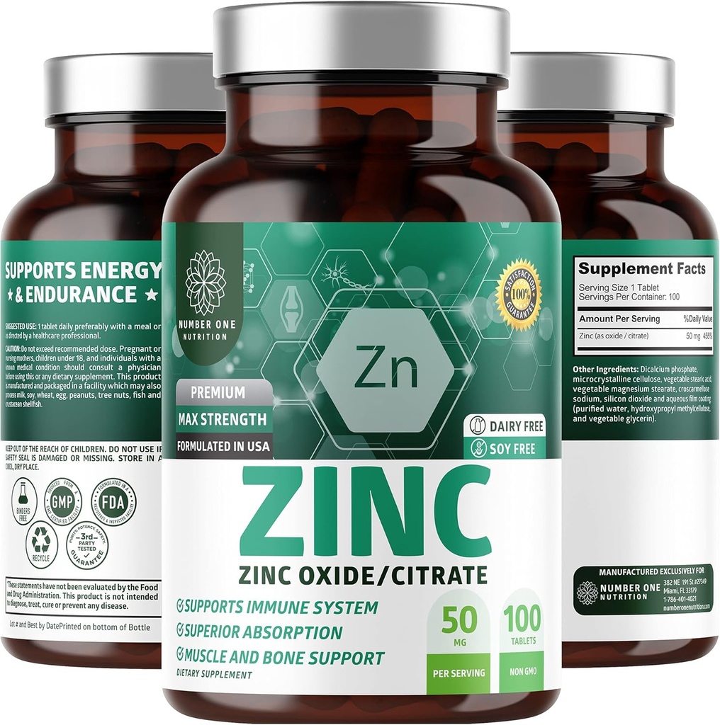 N1N Premium Zinc 50mg [3X Absorção, Vegan] Todos os óxido de zinco natural e Citrato Suplemento para apoio imunológico, saúde da pele e melhor digestão, 100 comprimidos