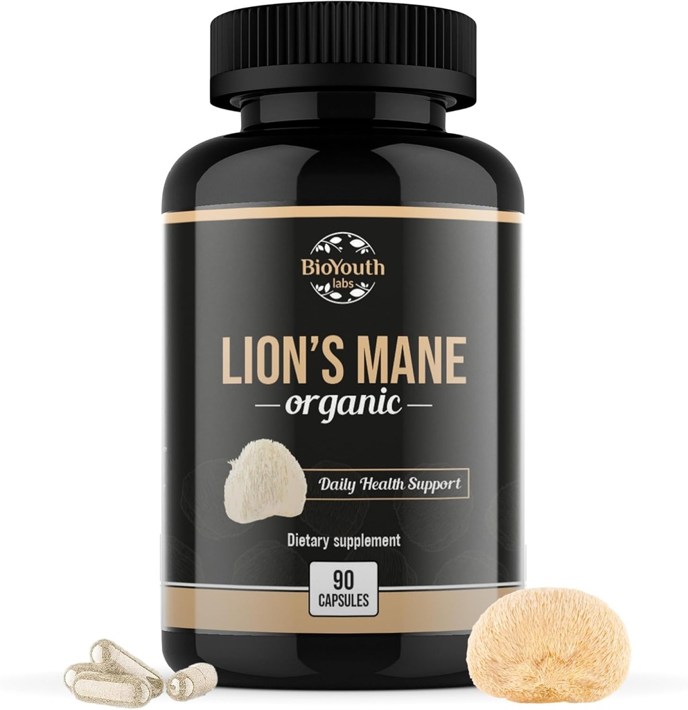 Leões Orgânicos Mane Brain Support Suplemento dietético Premium Lions Mane Mushroom Extract - 90 Cápsulas