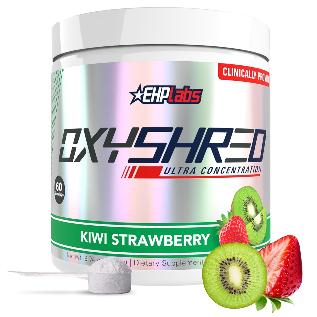 EHP Labs OxyShred pré-treino em pó - pré-treino em pó com L Glutamina e Acetil L Carnitina, Energia Boost Drink - Kiwi Strawberry, 60 Servings