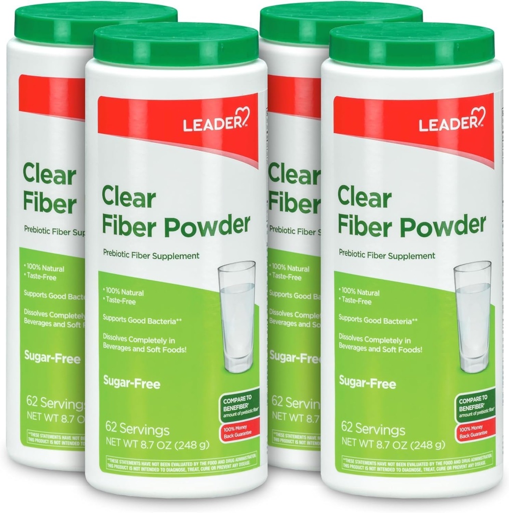 Líder Supplement de fibra prebiótica em pó para a saúde digestiva, 100% de fibra diária natural em pó, sem açúcar, sem sabor, sem glúten, sem OGM, sem sabor, 62 Servings (8.7 OZ) (Pacote de 4)