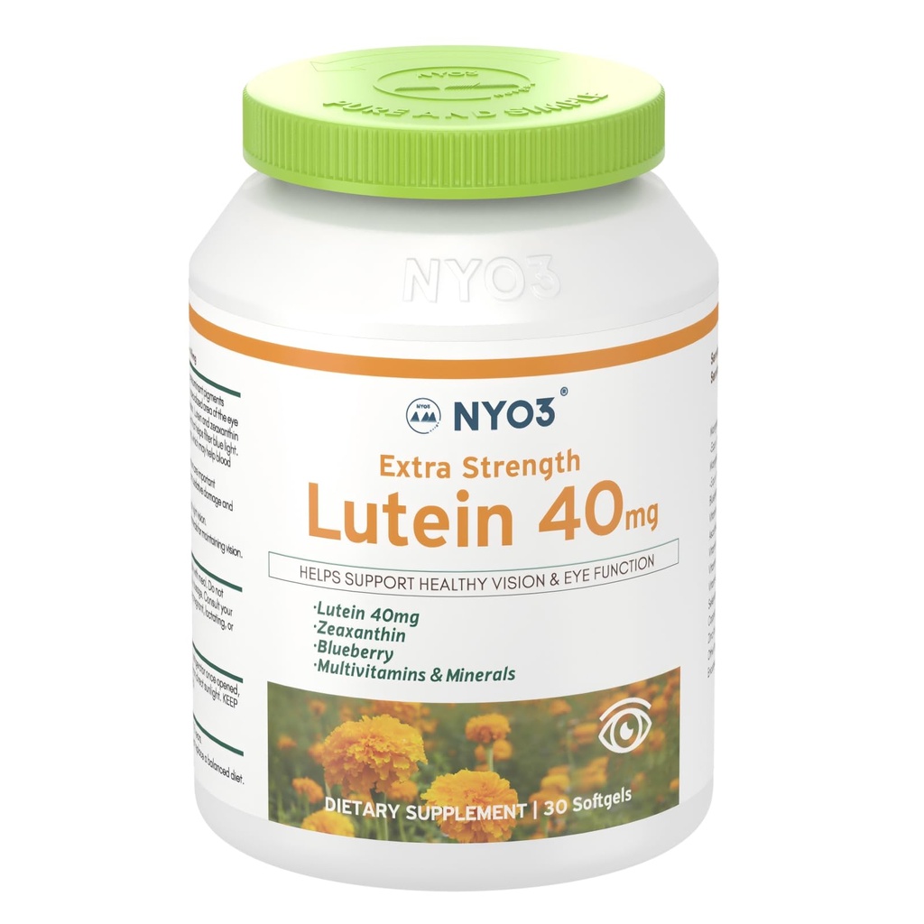 NYO3 Lutein & Zeaxanthin 40mg com mirtilo, 30 Softgels Olhos Vitaminas e Suplemento Mineral– Olho $ Visão Saúde