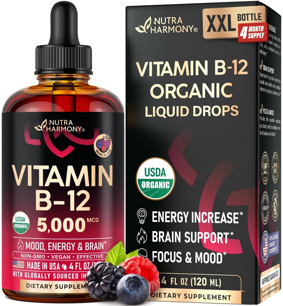 USDA Vitamina B12 Sublingual Drops - 5000 mcg líquido Vegan Metilcobalamina para Mulheres e Homens - Energia Boost, Foco & Mood, Apoio à Saúde do Cérebro - Maximizar Absorção - 4 Mês de Fornecimento, 4 fl oz