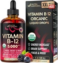 USDA Vitamina B12 Sublingual Drops - 5000 mcg líquido Vegan Metilcobalamina para Mulheres e Homens - Energia Boost, Foco & Mood, Apoio à Saúde do Cérebro - Maximizar Absorção - 4 Mês de Fornecimento, 4 fl oz