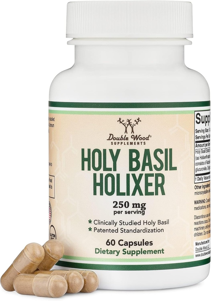 Cápsulas de Tulsi Holy Basil (Holixer Formula) - O único extrato de folhas de basílio sagrado estudado clinicamente no mundo (Clinicamente mostrado após 60 dias de uso) para o humor e relaxamento por madeira dupla