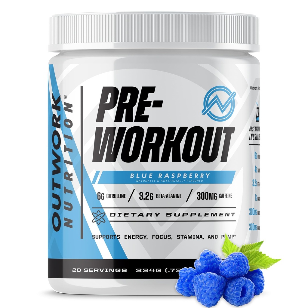 Outwork Nutrition Pré-treino para homens e mulheres - Nootropic Pré-treino sem creatina, pó pré-treino com Taurine Rhodiola Citrulina Malate Beta Alanine Cafeína (framboesa azul)