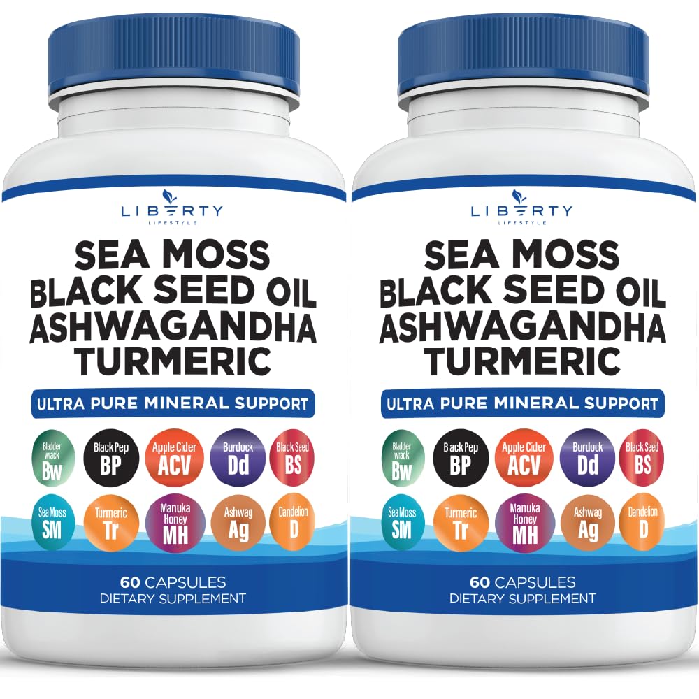 Sea Moss Black Seed Oil Ashwagandha Abrótea Turmérica Burdock - com Manuka, Mel Dandelion, ACV Pimenta preta Gluten Free - 2-Pack