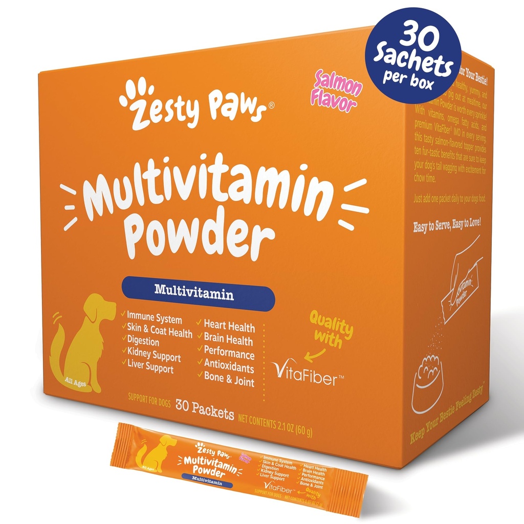 Zesty Paws 10-em-1 Cão Multivitamin - Gut, Imune, Joint, Pele & Casaco Suporte, e Mais - Vitaminas e Suplementos Dog Pó - Pet Suplementos com óleo de peixe Omega & VitaFiber - salmão - 30 Ct