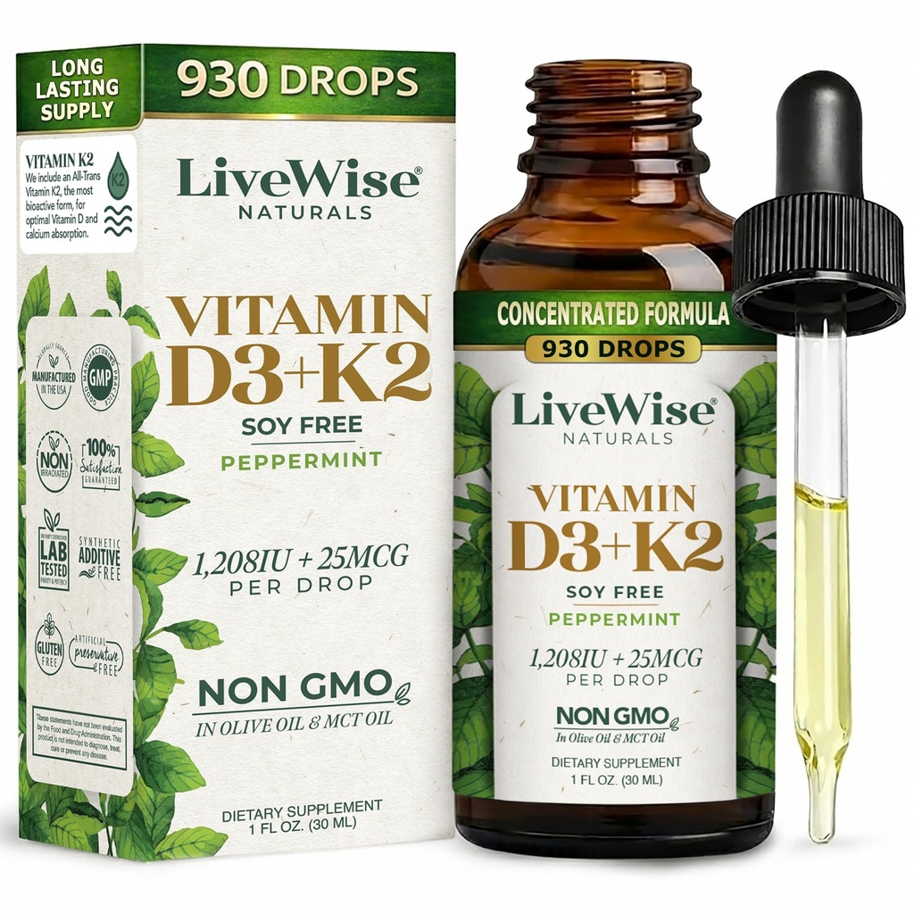 LiveWise Naturals Vitamina D3 com K2 Drops Líquidos, All Natural, Non-GMO, USA Made, 1208 UI Vitamina D3 & 25 mcg K2, suporta níveis de saúde óssea e energia, infundido com hortelã-pimenta, azeitona e óleo MCT