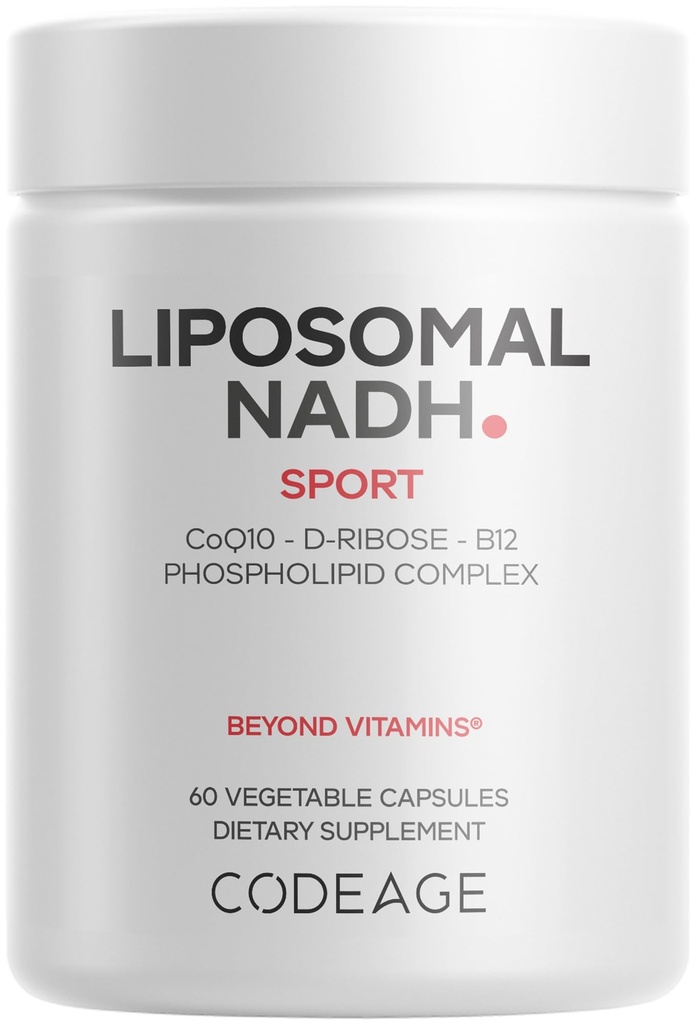 Código Lipossômico NADH+ Suplemento - NADH, Vitamina B12, D-Ribose como Bioenergia Ribose, CoQ10-2-Fornecimento de Mês - Entrega lipossómica - β-Nicotinamida Adenina Dinucleotídeo Comprimidos - Não-GMO - 60 Cápsulas
