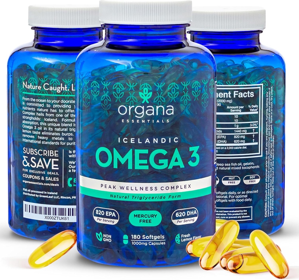 Omega 3 Fish Oil 2.000 mg - High EPA 820 mg + DHA 620 mg - 180 Triple Strength Arrotos Lemon Flavored Softgels