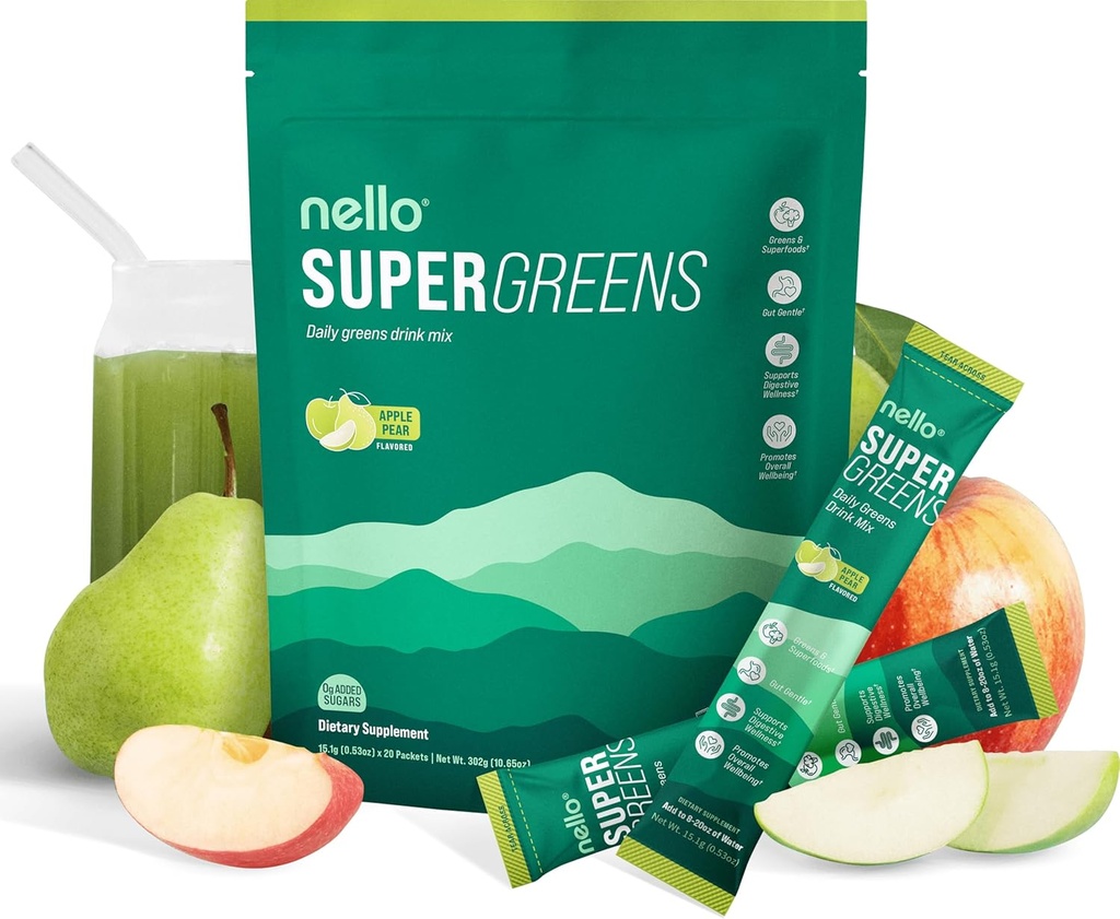 Nello Supergreens Superfood Drink Misture com chlorela, Moringa, espinafre, brócolis, enzimas digestivas e probióticos – Apple Pear Flavor, 20 Servings, Travel Pack