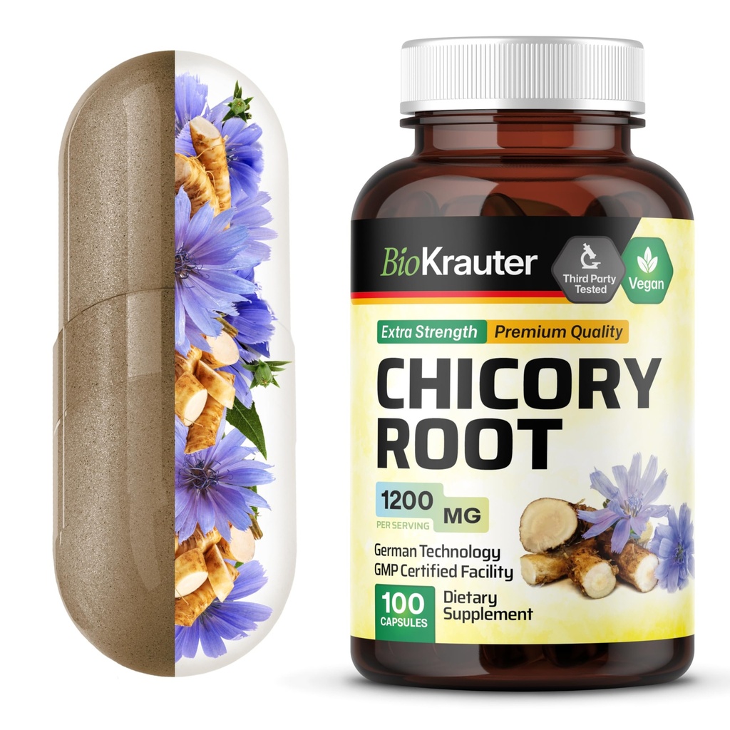 BIO KRAUTER Chicory Fibre Supplement - 1200 mg Força - 100 Contagem - Chicory Raiz Pó - Cápsulas de Inulina para Suporte Digestivo - Vegan