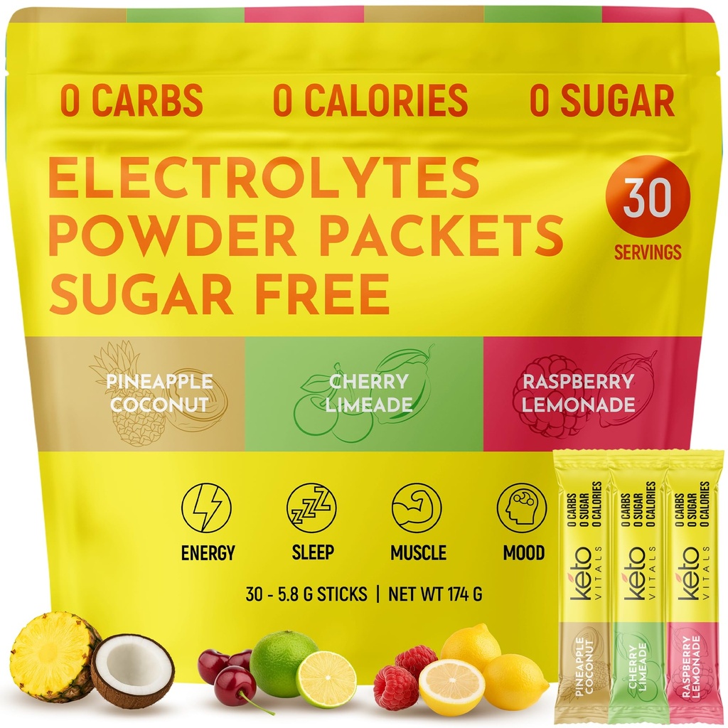 Keto Vitals Tropical Keto Electrolytes Powder No Sugar - Eletrólitos com Potássio, Magnésio, Sódio e Cálcio - Sugar Free Electrolyte Powder Packets Drink Mix & Hydration Powder, 30 Servings