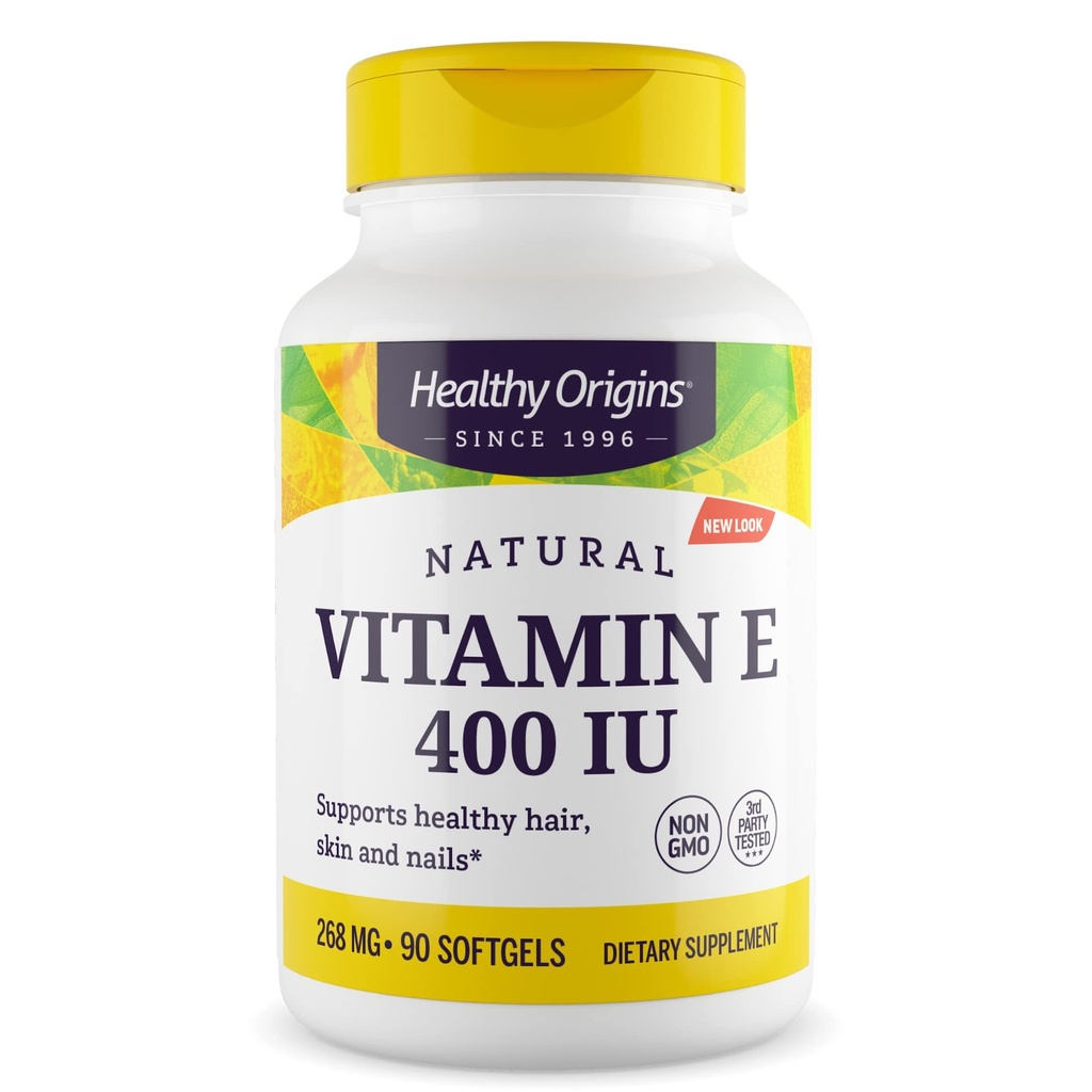 Origens saudáveis Vitamina E 400 UI (Natural, Não-GMO, Glúten Livre, Suporte cutâneo, Suporte Cardiovascular), 90 Softgels