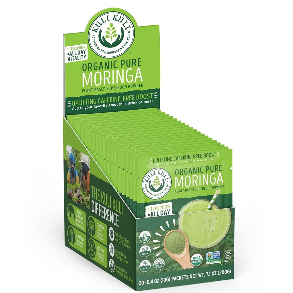Kuli Kuli Moringa Oleifera Organic Leaf Powder & Green Smoothie, 100% puro USDA Certified & Non-GMO Moringa Powder, Great with Smoothies, Tea, and Food, 0.4 Ounce, Pack of 20 (KK PM)