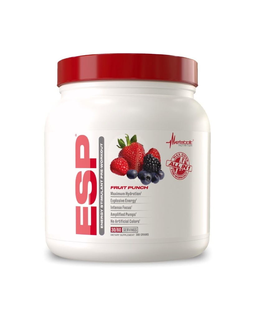 Nutrição metabólica, ESP, energia e resistência estimulando pré-treino, pré-treino intra, alta energia e foco mental, estimulante suplemento de treino, ponche de frutas, 300 gramas (90 serviços)