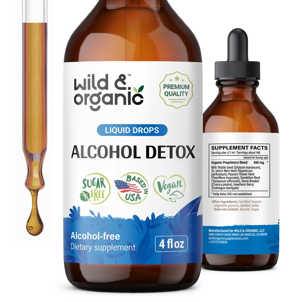 Wild & Organic Alcohol Detox Drops - Fígado & Rim Limpar com Cardo de Leite, Chanca Piedra Stone Breaker - Anti Complexo de Álcool para Detox Limpeza de Fígado - Vegan, Sem Açúcar e Aditivos - 4 fl oz